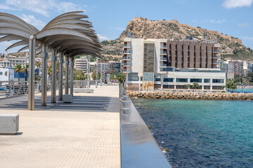 View of the main beach of Alicante, Costa Blanca, Spain and the fortress of Santa Barbara