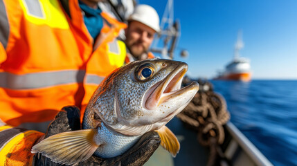 Fishing Workers on a Boat Hold up a Fresh Catch of Fish While Navigating the Open Sea During Bright Sunlight, Showcasing Teamwork and Nature's Bounty