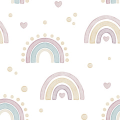 Seamless watercolor pattern with pastel Rainbows, hearts and dots. Illustration of background for nursery decor, kids designs, wrapping paper, or baby wallpaper. Childish backdrop for bed linen.