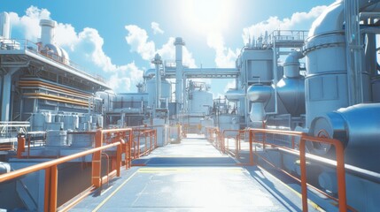 Fototapeta premium Exterior view of a chemical processing unit, pipe bridges connecting different units, under a bright midday sun