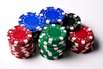 A dynamic composition of poker chips in bold colors, isolated on a clean white backdrop, perfect for conveying the atmosphere of a casino or card game setting