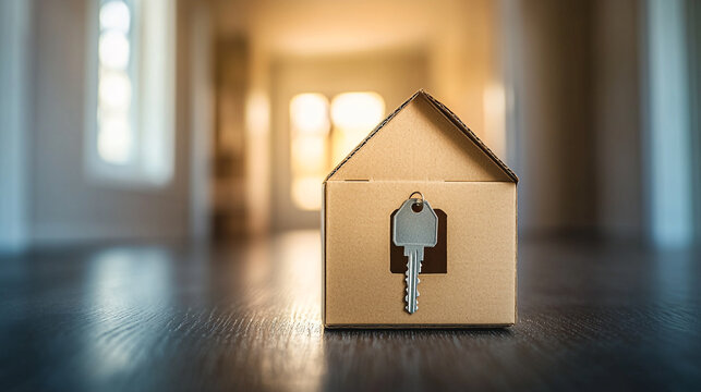 Key in cardboard house represents new beginnings and home ownership journey