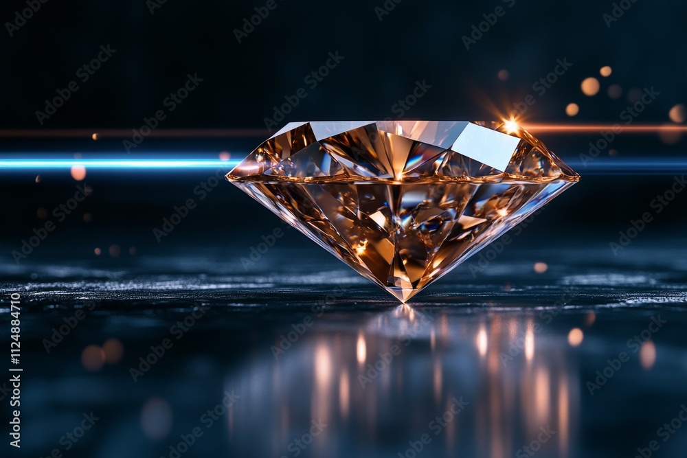 Poster a dynamic image of a diamond glistening under a beam of light, with prismatic colors scattered on a 