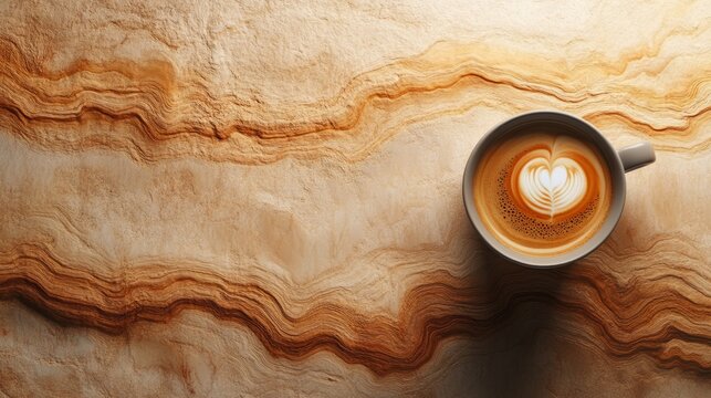cup coffee beans wooden earthy. A beautiful coffee cup rests atop a textured, marble-like surface, featuring swirling patterns and a heart-shaped latte art design.