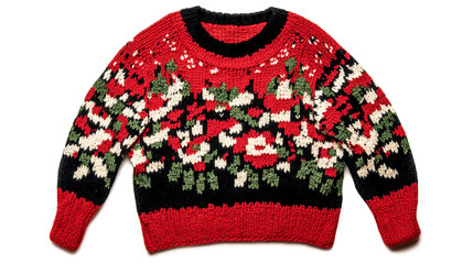 Warm knitted Christmas sweater isolated on white background. Winter clothes. Top view. 