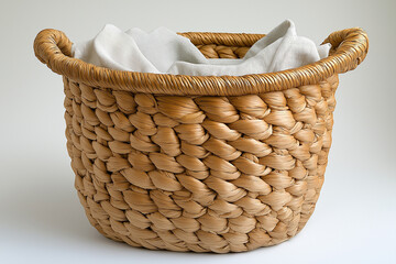 Photographie studio d'un panier à linge tressé avec doublure en tissu, design minimaliste et fonctionnel, sur fond blanc