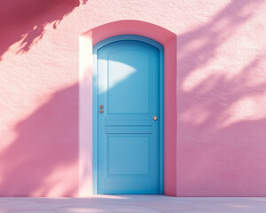 Pastel blue door on a pink wall. Minimalist and modern interior background.