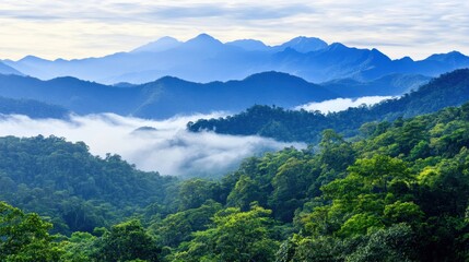 Fototapeta premium Serene Mountain Landscape with Lush Greenery and Misty Valleys at Dawn
