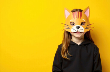 A girl teenager quadrober wearing a crafty cat mask against a bright yellow background.