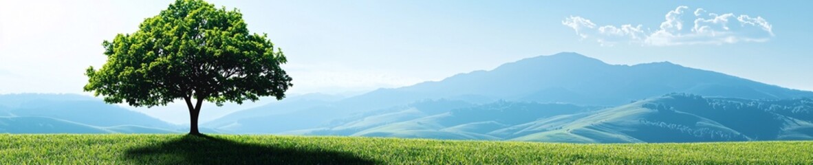 Serene Landscape Green Tree Rolling Hills Sunny Sky