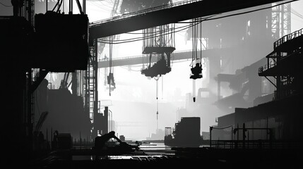 High-contrast black and white image of a factory floor, strong shadows from large overhead cranes and silhouettes of machinery