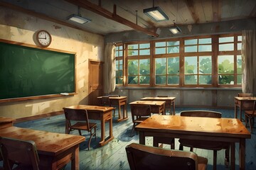 empty classroom with big green chalkboard, tables and chairs. Back to School Cartoon or Japanese anime watercolor painting illustration style
