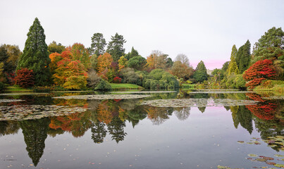 Autumn colours around the lake at Sheffield Park in Uckfield East Sussex England UK