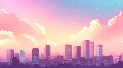 Obraz premium anime aesthetic background, city skyline, pink and blue sky with clouds, light purple sky.