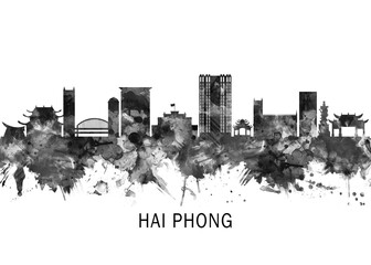 Obraz premium Hai Phong Vietnam Skyline BW, cityscape landscape watercolor painting print abstract splash illustration art modern urban poster artwork landmarks skyscrapers