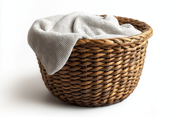 Obraz premium Photographie studio d'un panier à linge tressé avec doublure en tissu, design minimaliste et fonctionnel, sur fond blanc