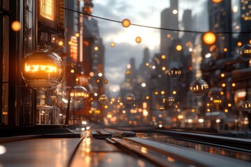Obraz premium Vibrant cityscape at dusk showcasing illuminated orbs and soft reflections on a lively urban street