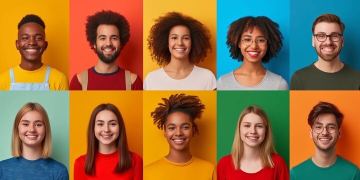 A group of people with different hair colors and styles are smiling at the camera. Concept of diversity and inclusivity, as the people come from various backgrounds and have different appearances