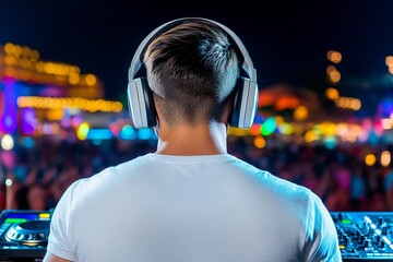 A high-resolution photo of a DJ wearing professional headphones, spinning tracks on a modern DJ controller in a vibrant club