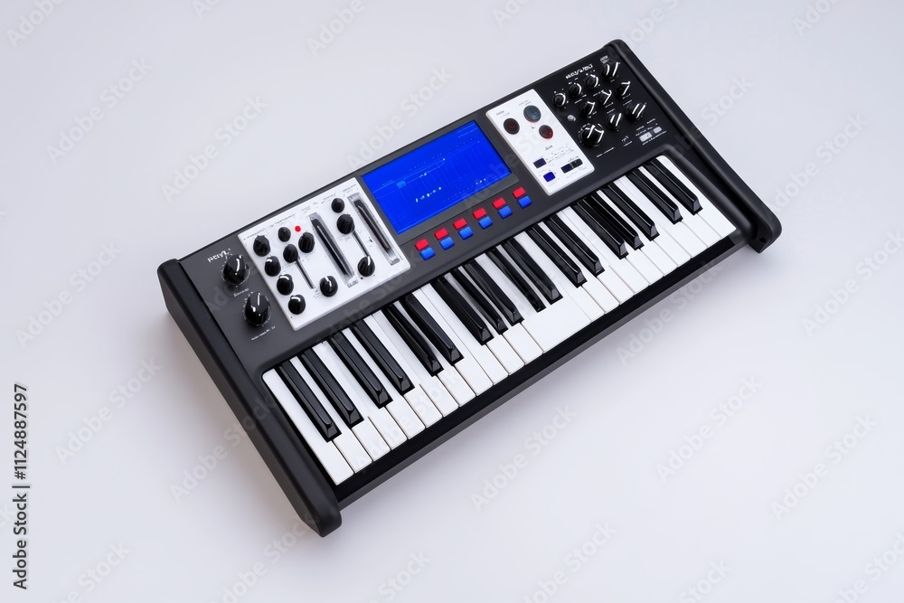 Poster A high-tech synthesizer showcasing its intricate controls, keys, and display, isolated on white to emphasize its advanced musical capabilities