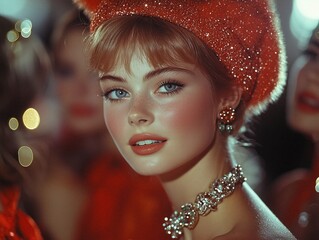 portrait of a young and beautiful party woman in the 1960s or 1950s, generative ai