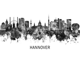 Obraz premium Hanover Germany Skyline BW, cityscape landscape watercolor painting print abstract splash illustration art modern urban poster artwork landmarks skyscrapers