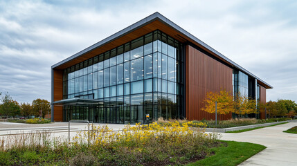 Fototapeta premium Modern architectural design of a university building in an urban setting during autumn
