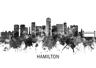 Obraz premium Hamilton Canada Skyline BW, cityscape landscape watercolor painting print abstract splash illustration art modern urban poster artwork landmarks skyscrapers