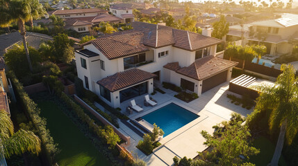 Fototapeta premium Luxurious modern villa with pool in a serene neighborhood during golden hour