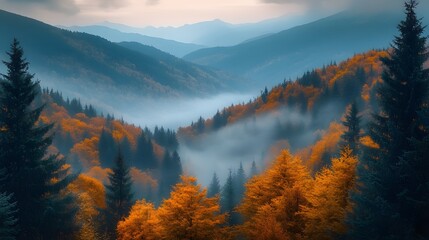 Obraz premium Misty mountain landscape features golden autumn foliage, rolling hills, and layered ranges&nbsp;wrapped in fog, captured during golden&nbsp;hour with ethereal morning light.