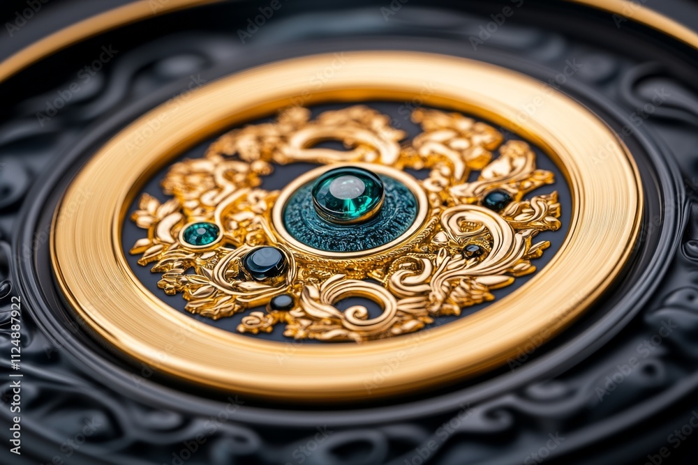 Poster a hyper-realistic close-up of an aum pendant made of gold, with intricate engravings and gemstones c