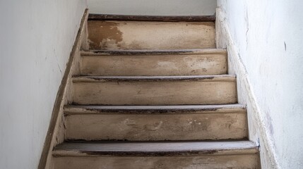 Weathered wooden stairs leading up in an old building with peeling paint