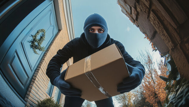 fish eye image of a person stealing a parcel from a home