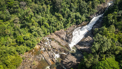 The aerial view of the Bopath Falls in Sri Lanka