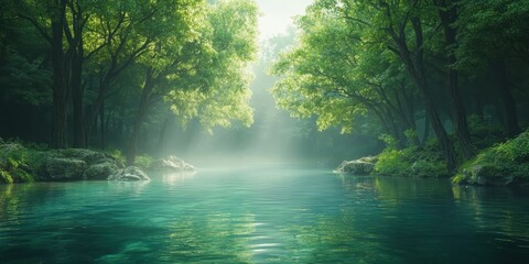 Obraz premium Serene Forest River Scene, Golden Sunlight Filtered Through Tall Trees, Peaceful Landscape Under the Sun