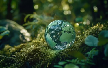 A close-up of a surreal glass globe with a green Earth, set on lush mossy ground. 