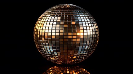 Obraz premium Studio photograph of a disco ball against&nbsp;black background displays mirror reflections and geometric&nbsp;mosaic patterns with dramatic lighting and glittering effects.