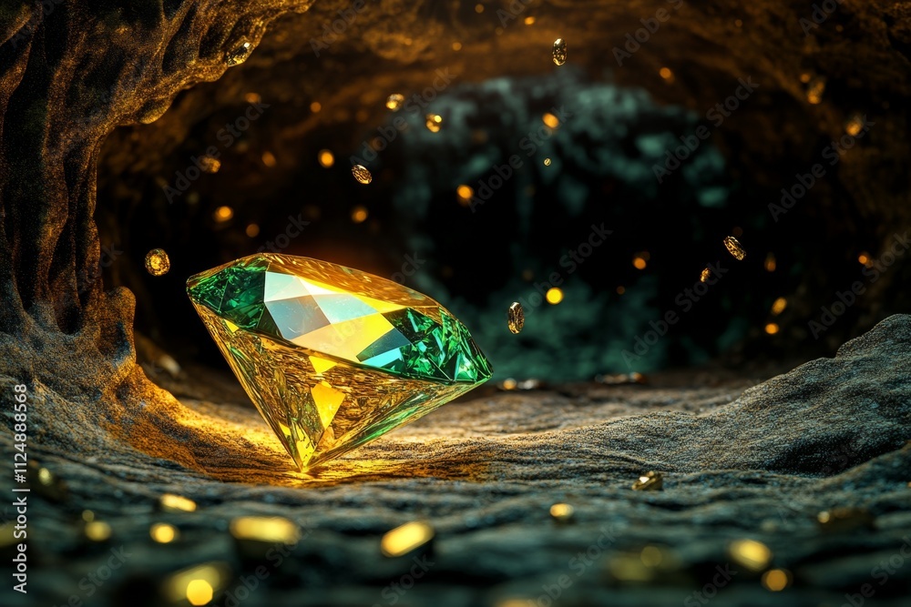 Poster A magical diamond glowing with inner light, surrounded by floating sparkles and mystical auras in an enchanted cave