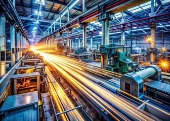 Fototapeta premium Captivating Long Exposure Animation of Industrial Machinery in Action, Showcasing Dynamic Movement and Vibrant Light Trails in a Modern Manufacturing Setting