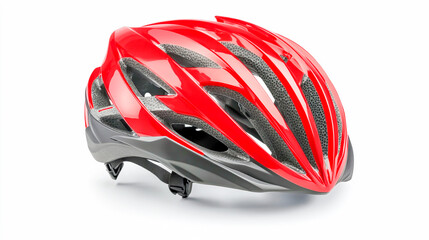Fototapeta premium Red modern bike helmet with adjustable straps on isolated background
