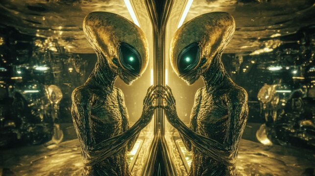 Two alien beings facing a mirror in a dimly lit room.