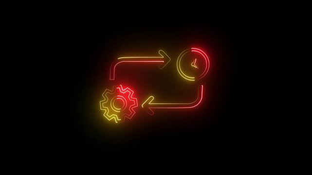 Settings icon and clock icon, and moving arrow rotted on the blue background.