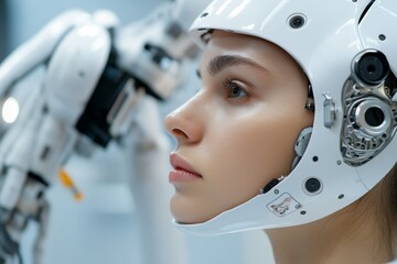 Futuristic humanoid robot with human-like features in a high-tech environment exploring artificial intelligence