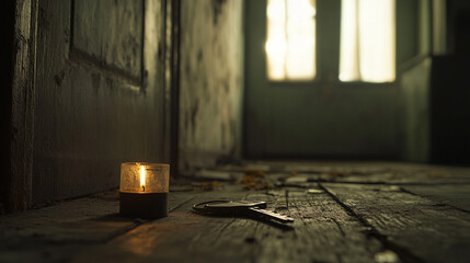 Candle flickers in an abandoned room with worn wooden floor and metal handcuffs