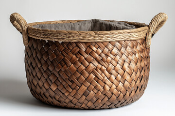 Fototapeta premium Photographie studio d'un panier à linge tressé avec doublure en tissu, design minimaliste et fonctionnel, sur fond blanc