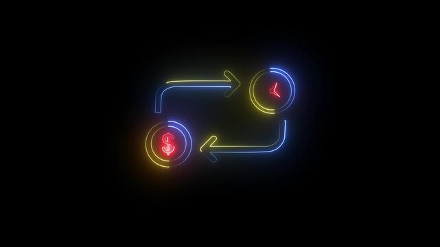 Settings icon and clock icon, and moving arrow rotted on the blue background.
