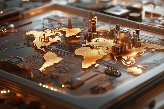 Detailed circuit board design showcasing world map and modern architecture in a futuristic style