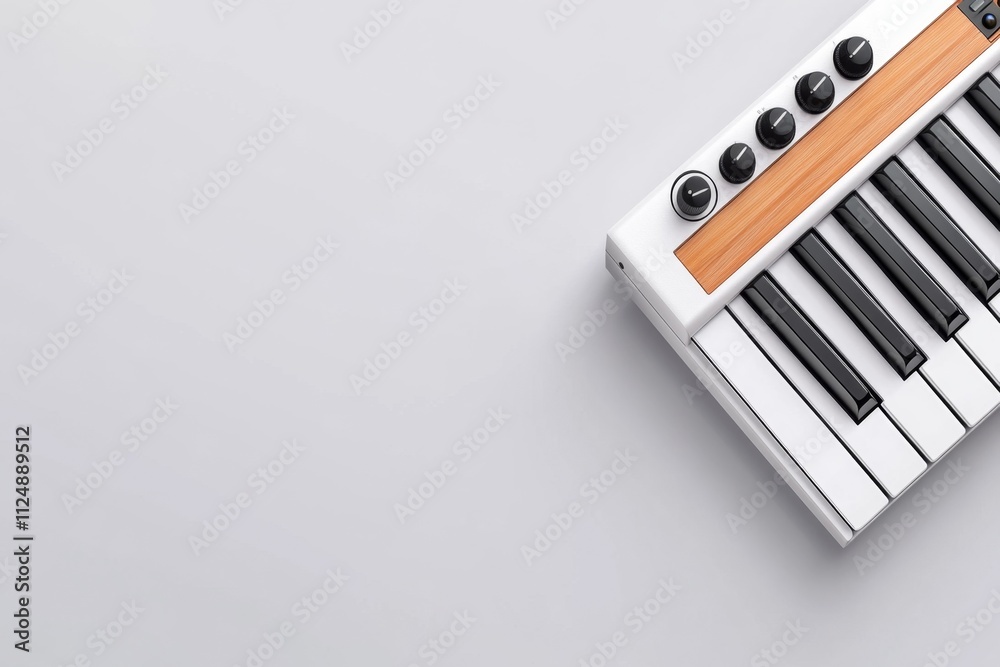 Poster A minimalist view of a synthesizer with its sleek keys and adjustable knobs, isolated on a white background to highlight its modern design and features