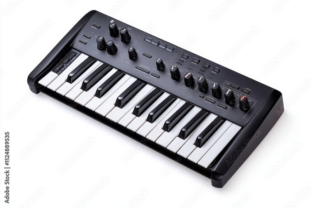 Poster A minimalist view of a synthesizer with its sleek keys and adjustable knobs, isolated on a white background to highlight its modern design and features