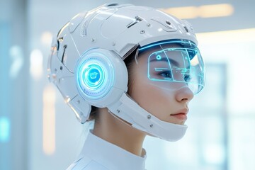 Futuristic woman wearing advanced technology helmet in high-tech environment